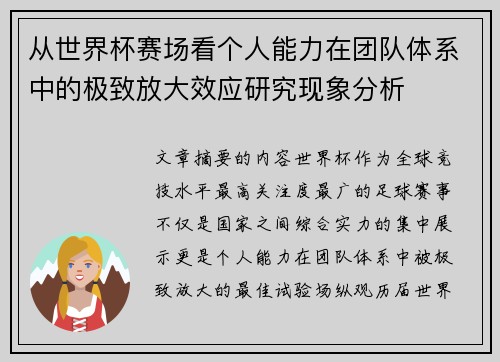 从世界杯赛场看个人能力在团队体系中的极致放大效应研究现象分析